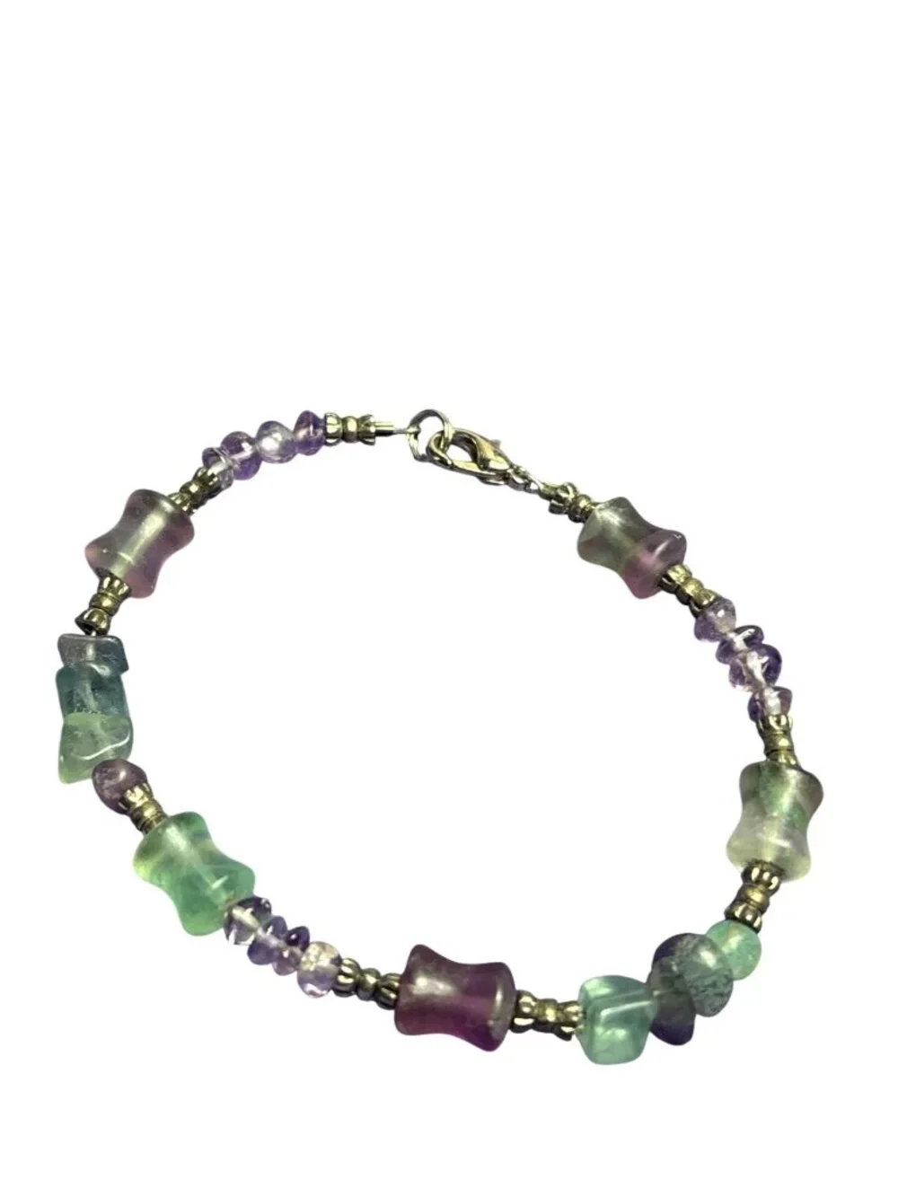 Green Purple Clear Glass Beaded Bracelet Silvertone 7.25 inches Long